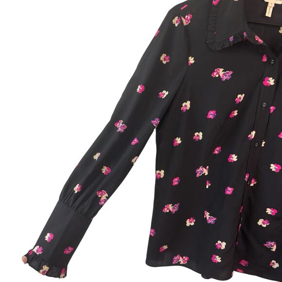 Rebecca Taylor Blouse Black Pink 6 Floriana Long Sleeve Silk Feminine Floral Top - Picture 10 of 15